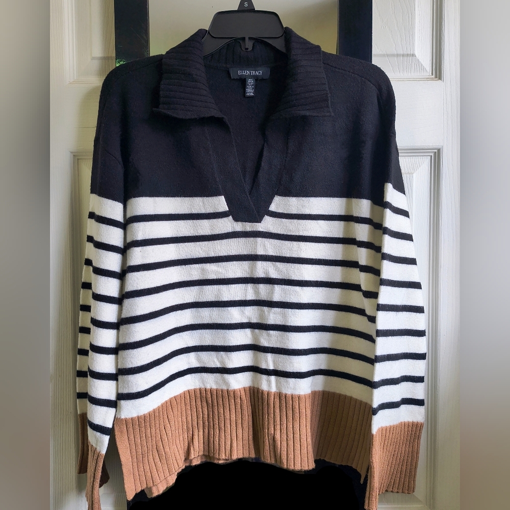 Black, White & Tan Striped V-Neck Sweater